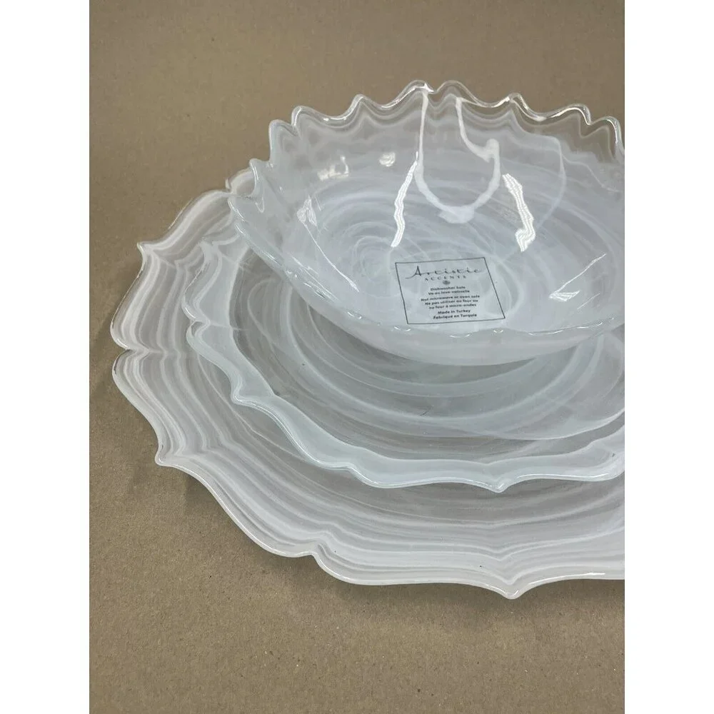 Artistic Accents Turkish Glass 4 Plates Set Entrée Dinner White Swirl 11